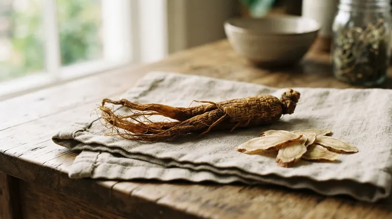 A dried, forked ginseng root on a linen cloth with a few slices cut beside it