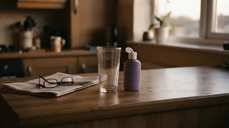 A kitchen counter at dusk with a small purple squeeze bottle, an empty glass, a folded newspaper and reading glasses