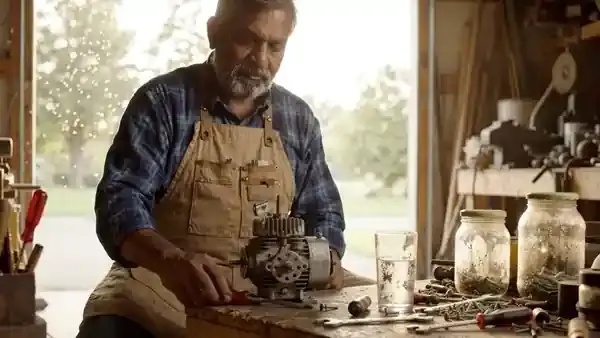 A man in his sixties at a garage workbench pausing to drink half a glass of water