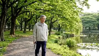 A man in his sixties walking a park path with a clear water bottle and stopping for a drink