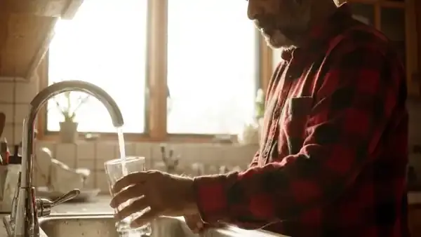 A man in his sixties filling a glass at the kitchen tap, adding one squeeze from a small purple bottle and drinking