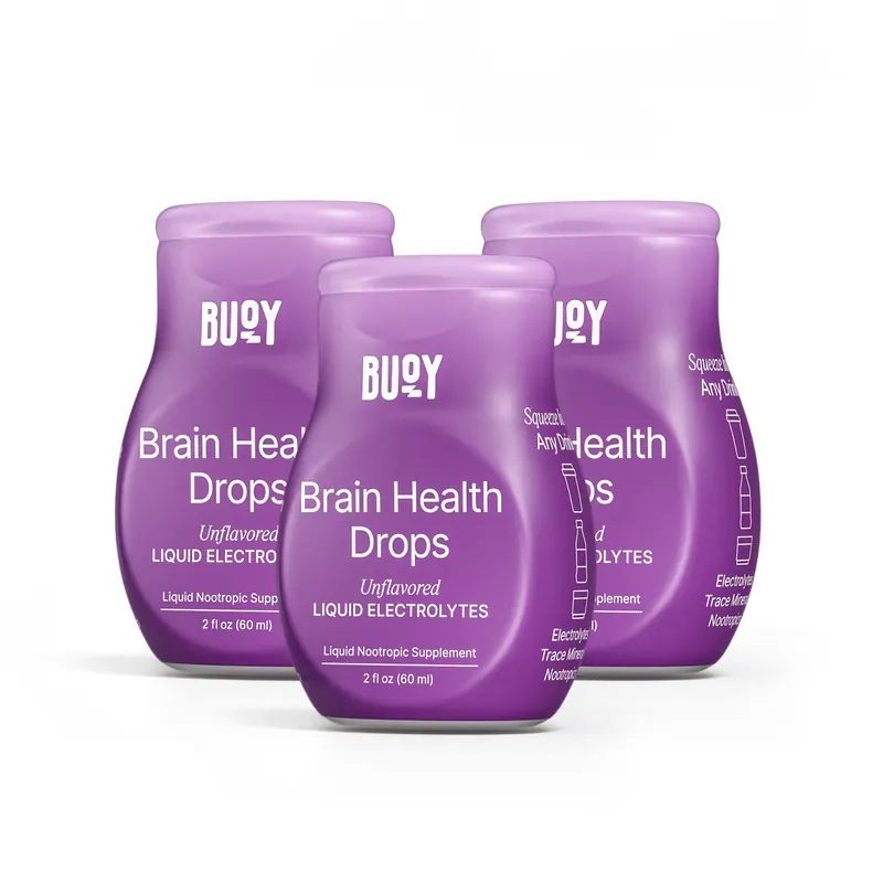 Three purple two-ounce squeeze bottles of Brain Health Drops, from the seller's photograph
